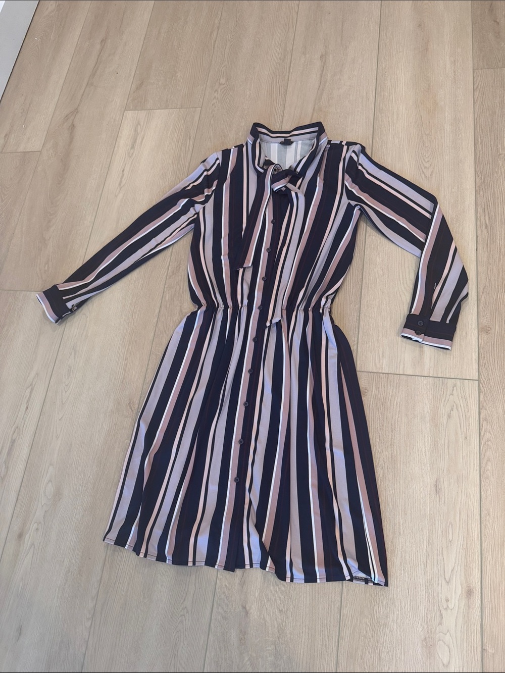 Ann Taylor Navy and Blush Striped Tie-Neck Long Sleeve Dress